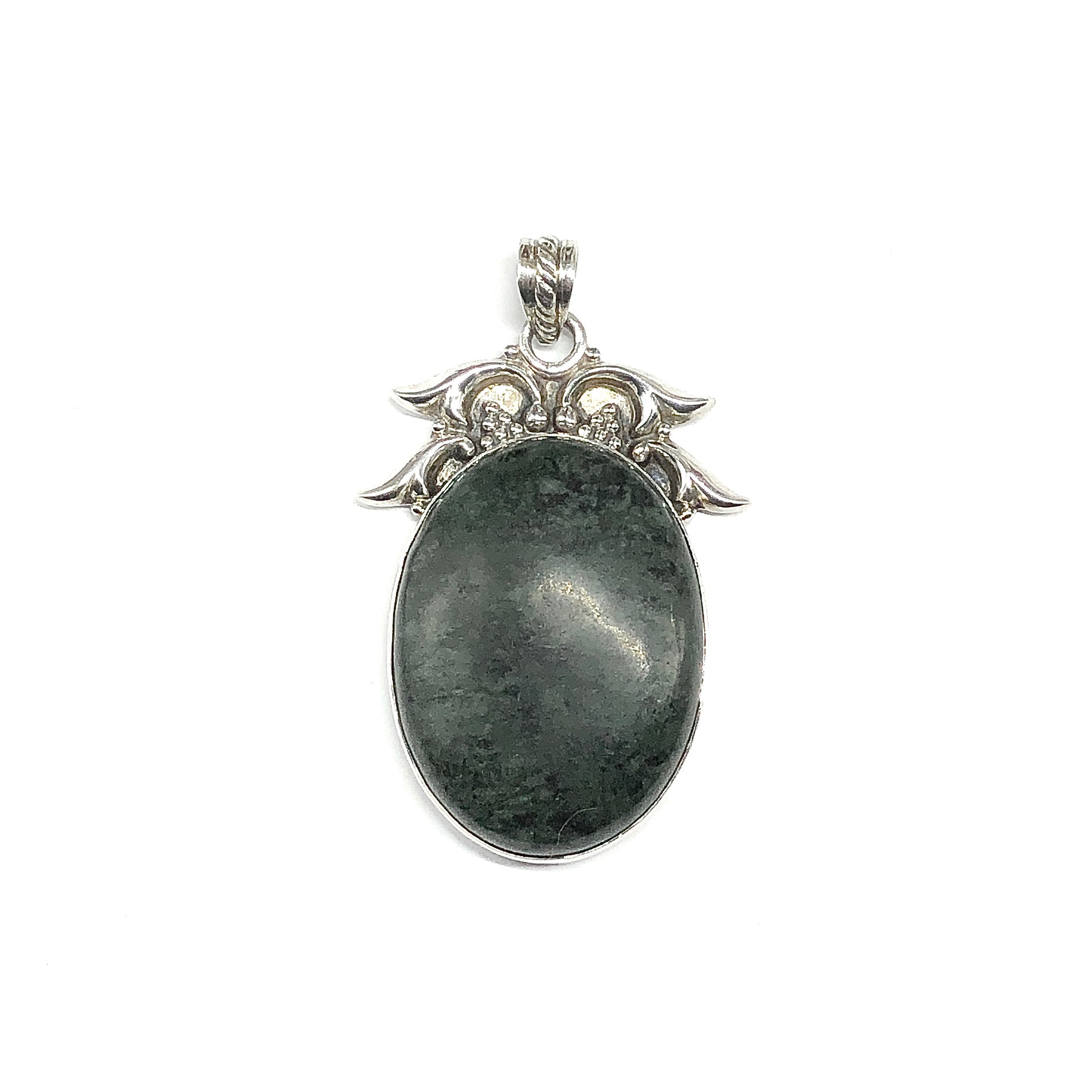 Sterling Silver Pendant, Big Green Oval Agate 925 Silver Pendant