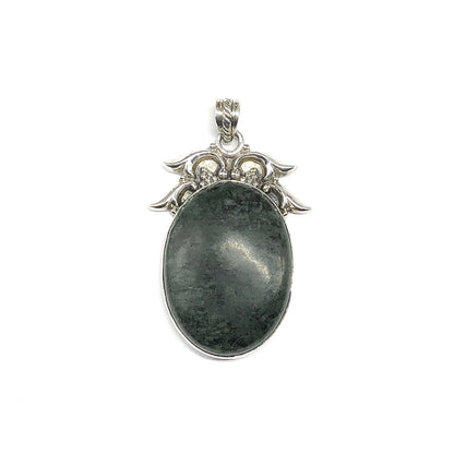 Sterling Silver Pendant, Big Green Oval Agate 925 Silver Pendant