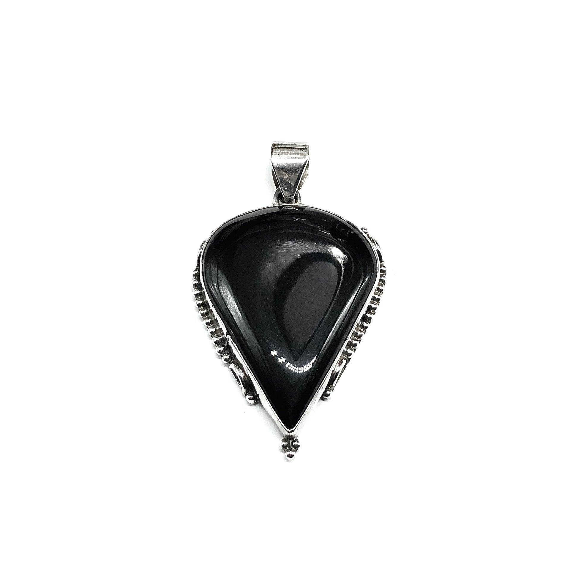 Sterling Silver Stone Pendant, Mens or Womens Big Bold Edgy Style Black Agate Pendant, Upside-down Teardrop 925 Silver Pendant