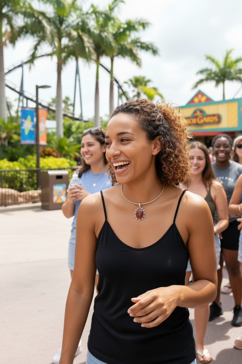 A woman wearing a black spaghetti-strap camisole tank top and a sterling silver jasper stone pendant necklace, smiling in an outdoor Bush Gardens amusement park setting with palm trees and other people in the background.