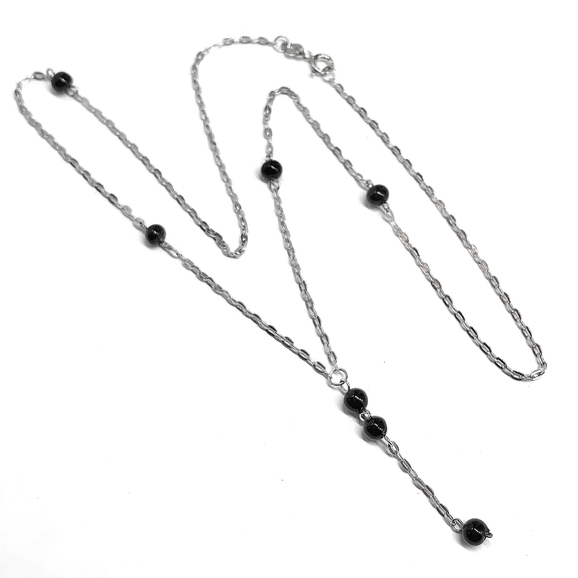 Sterling Silver Y Necklace, 18.25" - Foxy Jet Black Beaded Negligee Necklace
