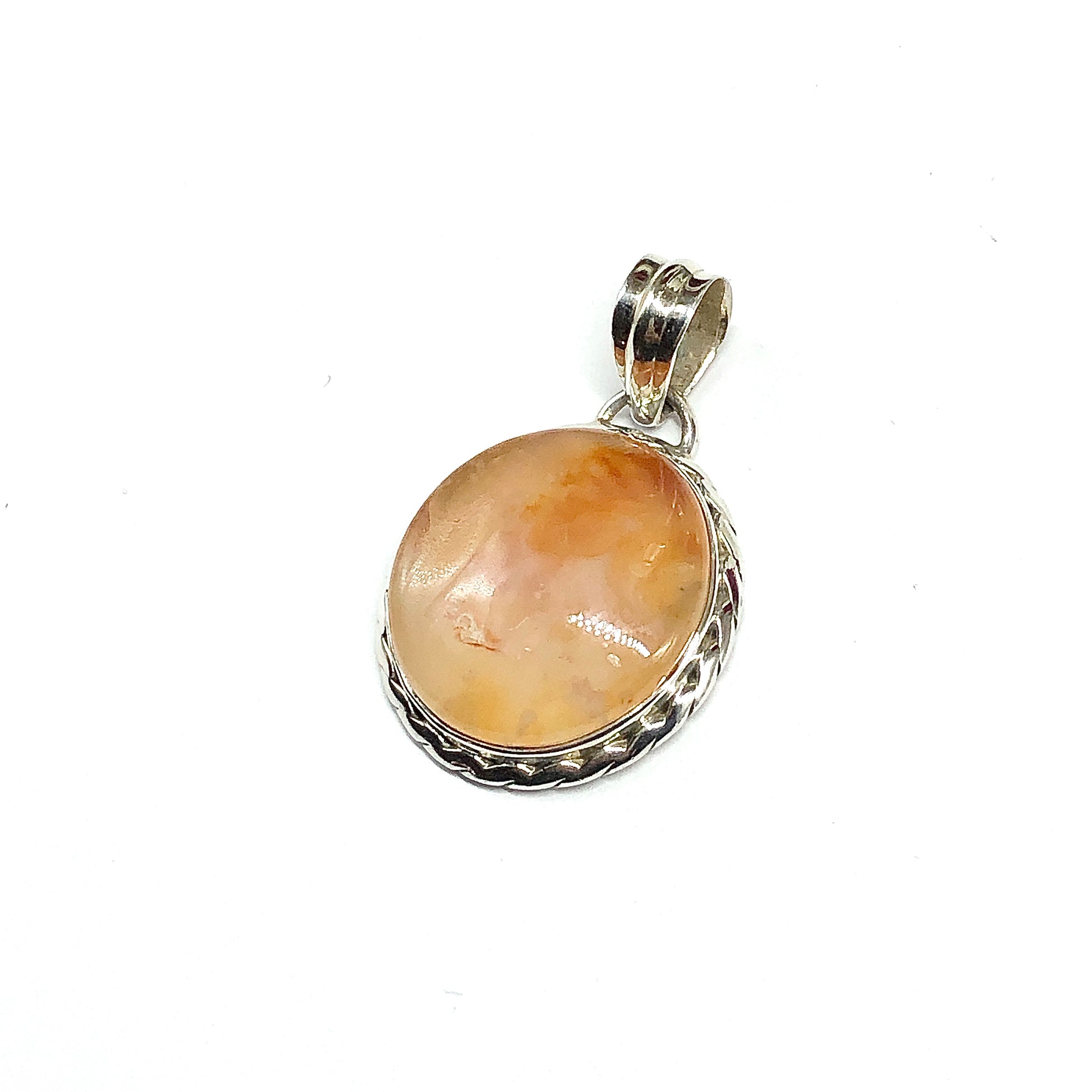 Mens Sterling Silver Stone Pendant, Striking Round Full Moon Carnelian 925 Silver Pendant