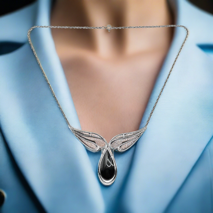 1980s Black Sterling Silver Winged Teardrop Station Pendant Necklace - Designer Kabana