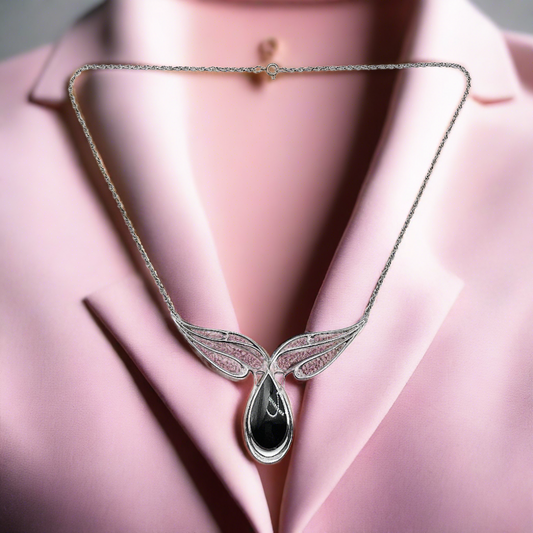 1980s Black Sterling Silver Winged Teardrop Station Pendant Necklace - Designer Kabana