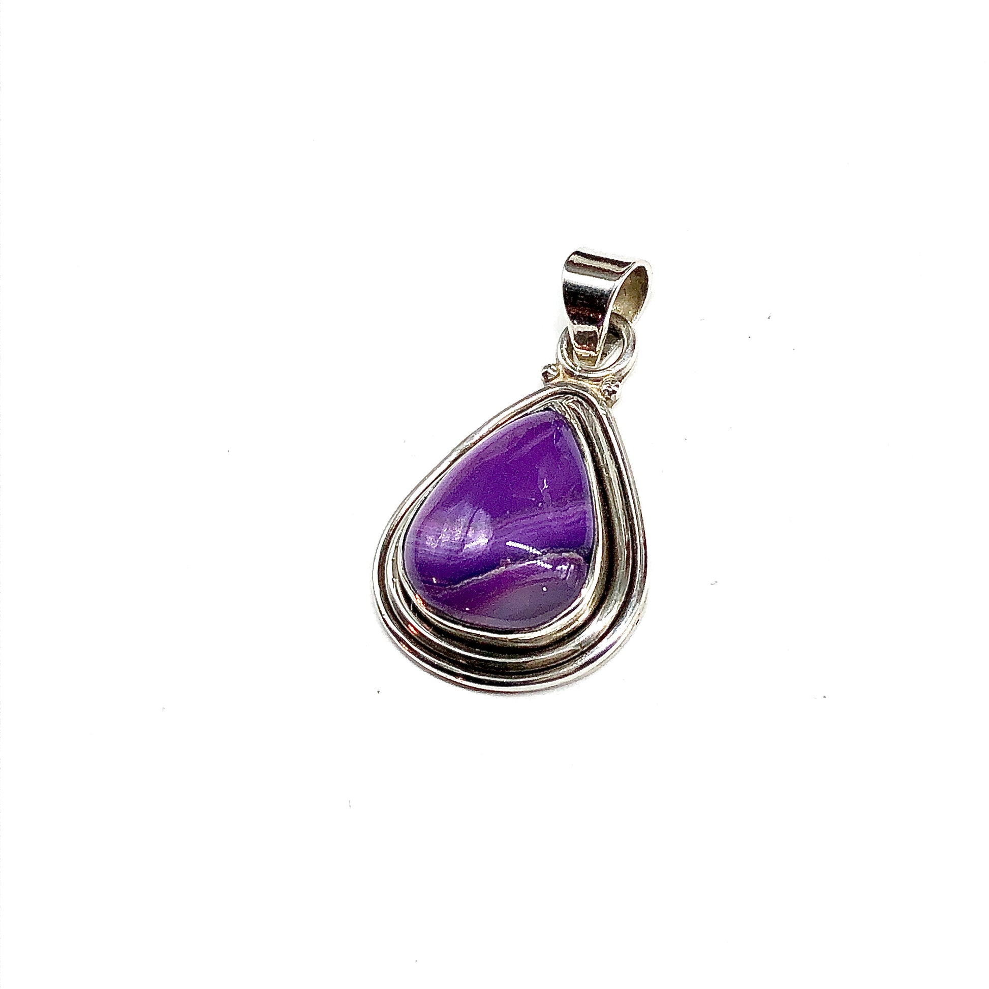 Sterling Silver Pendant, Purple Banded Agate Stone Teardrop Pendant 925 Sterling Silver