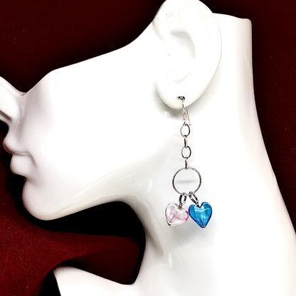 Venezia Blue Pink Murano Glass Heart Sterling Silver Dangle Earrings