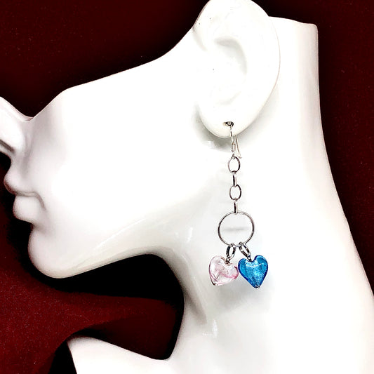 Venezia Blue Pink Murano Glass Heart Sterling Silver Dangle Earrings