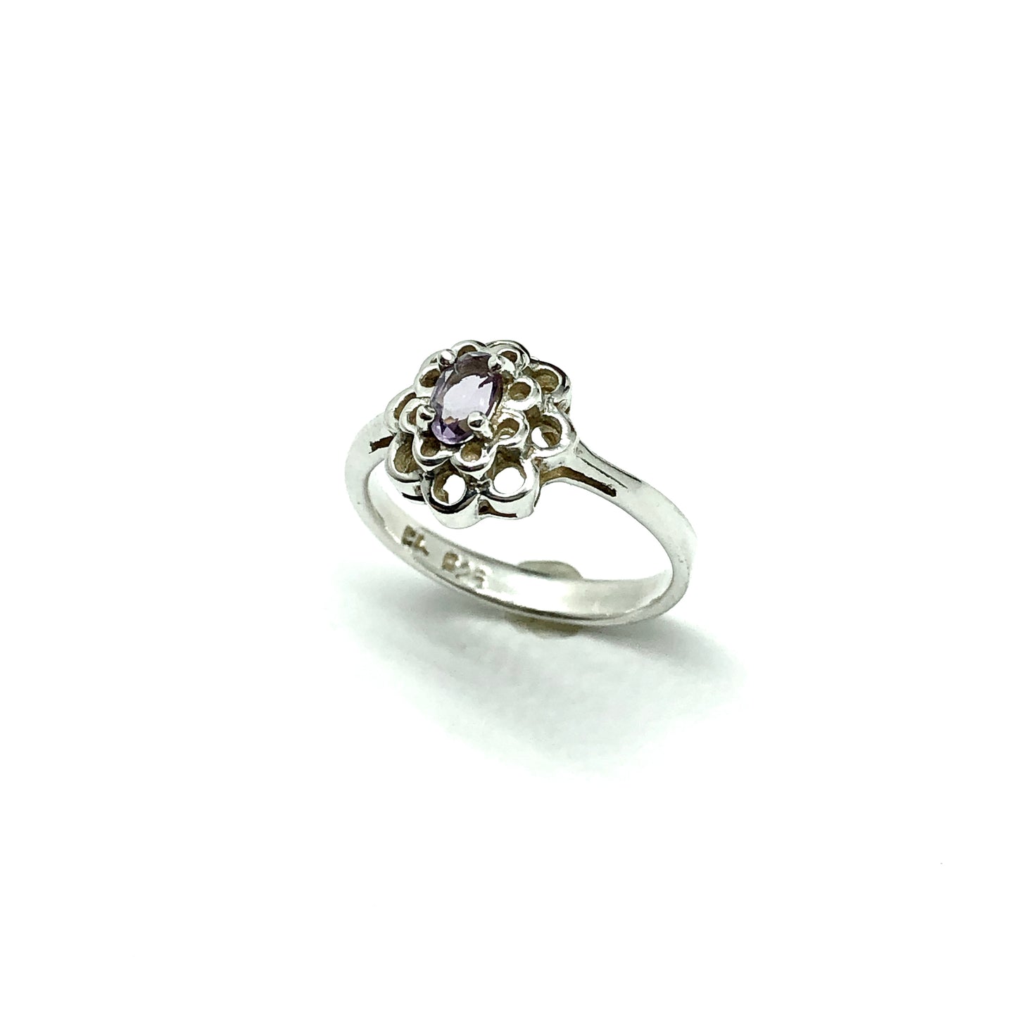 Silver Rings | Womens Petite Sterling Filigree Flower Design Amethyst Stone Ring 5 | Discount Estate Jewelry website online at Blingschlingers.com