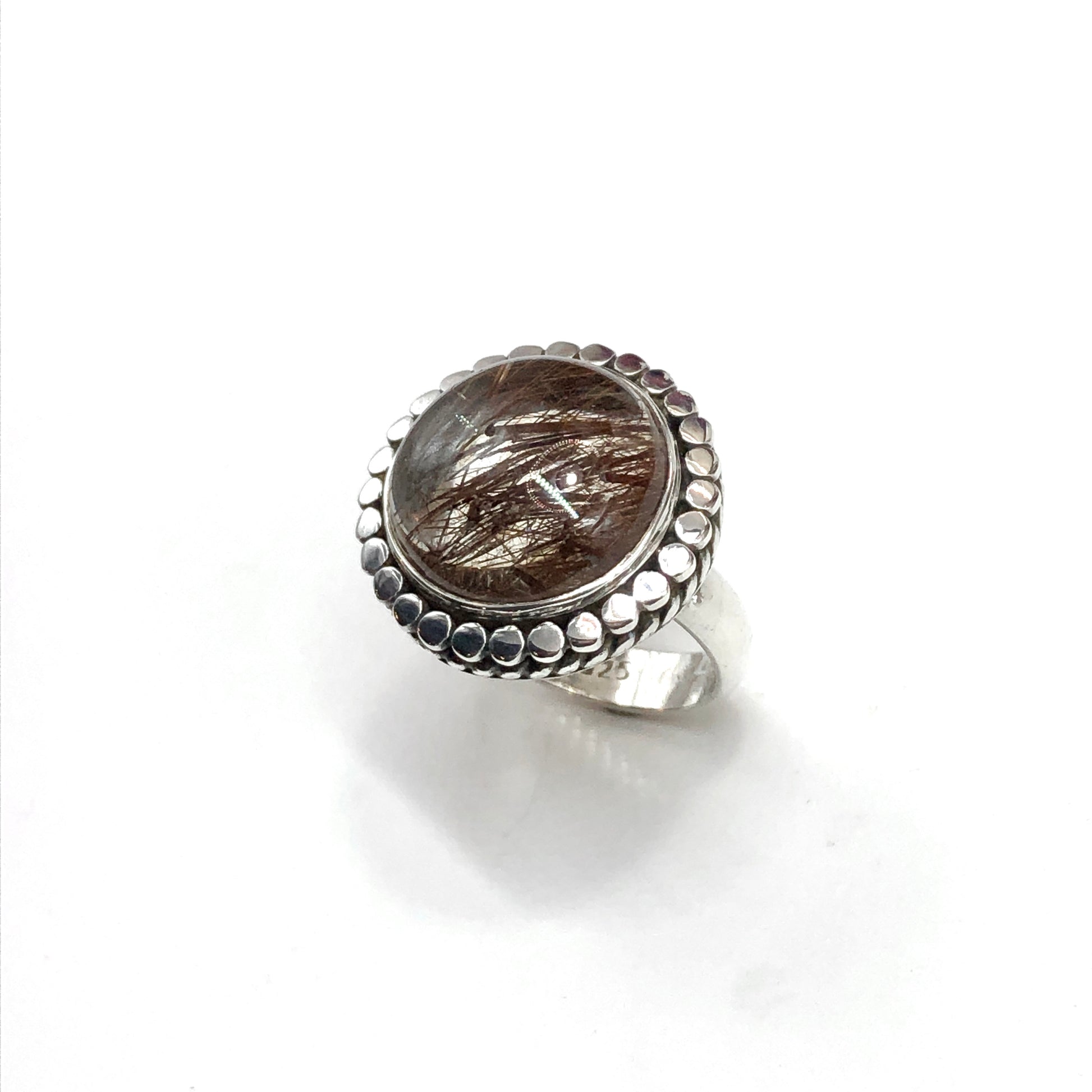 Rutilated quartz ring, Round Sterling Silver Statement Ring