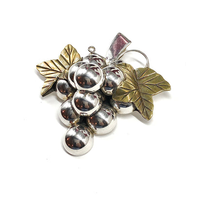 Vintage Jewelry - Rustic Grape Bunch with Leaves Sterling Silver Convertible Brooch to Pendant Pin