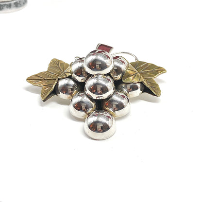 Grape Bunch & Leaves Sterling Silver Convertible Brooch to Pendant Pin