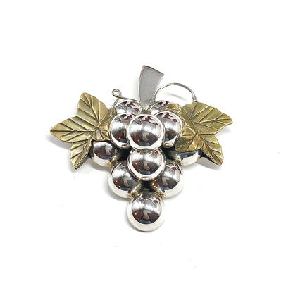 Vintage Rustic Grape Bunch with Leaves Sterling Silver Convertible Brooch to Pendant Pin