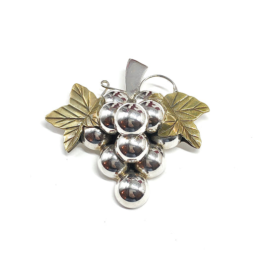 Vintage Rustic Grape Bunch with Leaves Sterling Silver Convertible Brooch to Pendant Pin