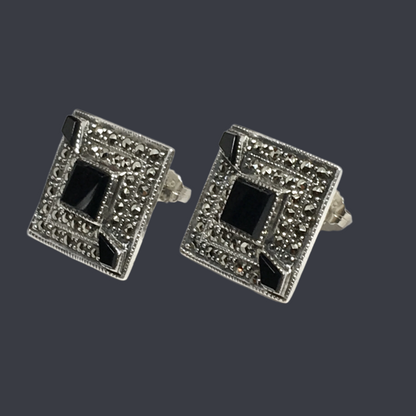 Vintage Jewelry - Black Marcasite Stone Geometric Diamond Design 925 Sterling Silver Earrings