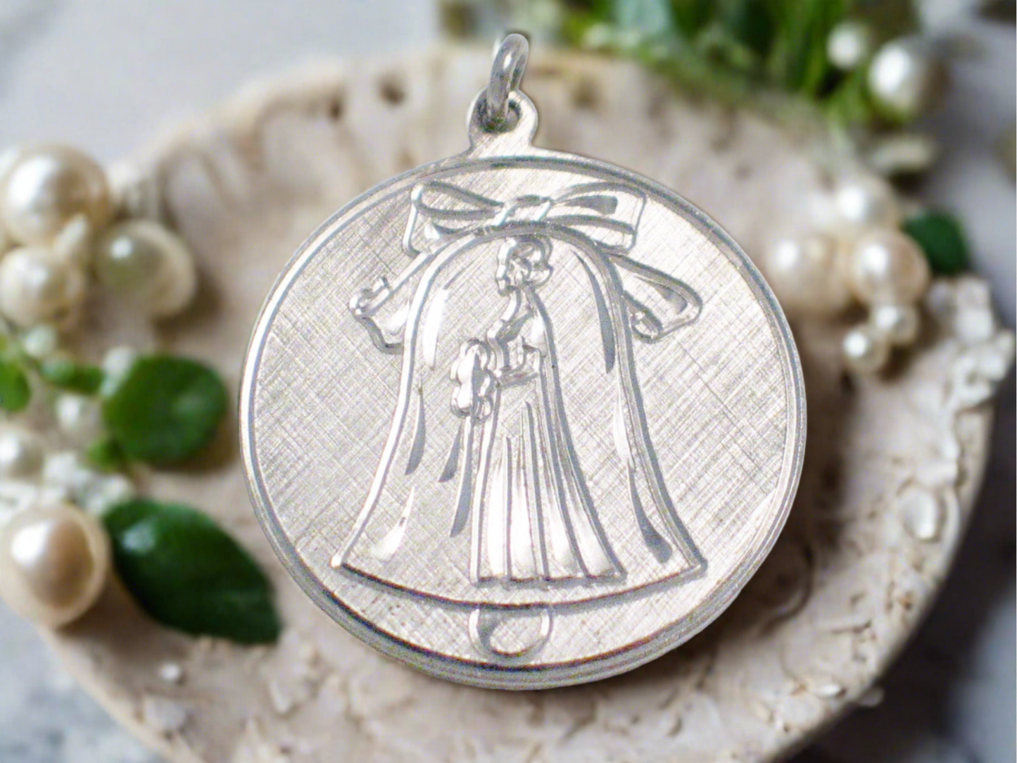 Wedding Jewelry, Women's Vintage Wedding Bell & Bride Sterling Silver Medallion Charm Pendant - Engraveable