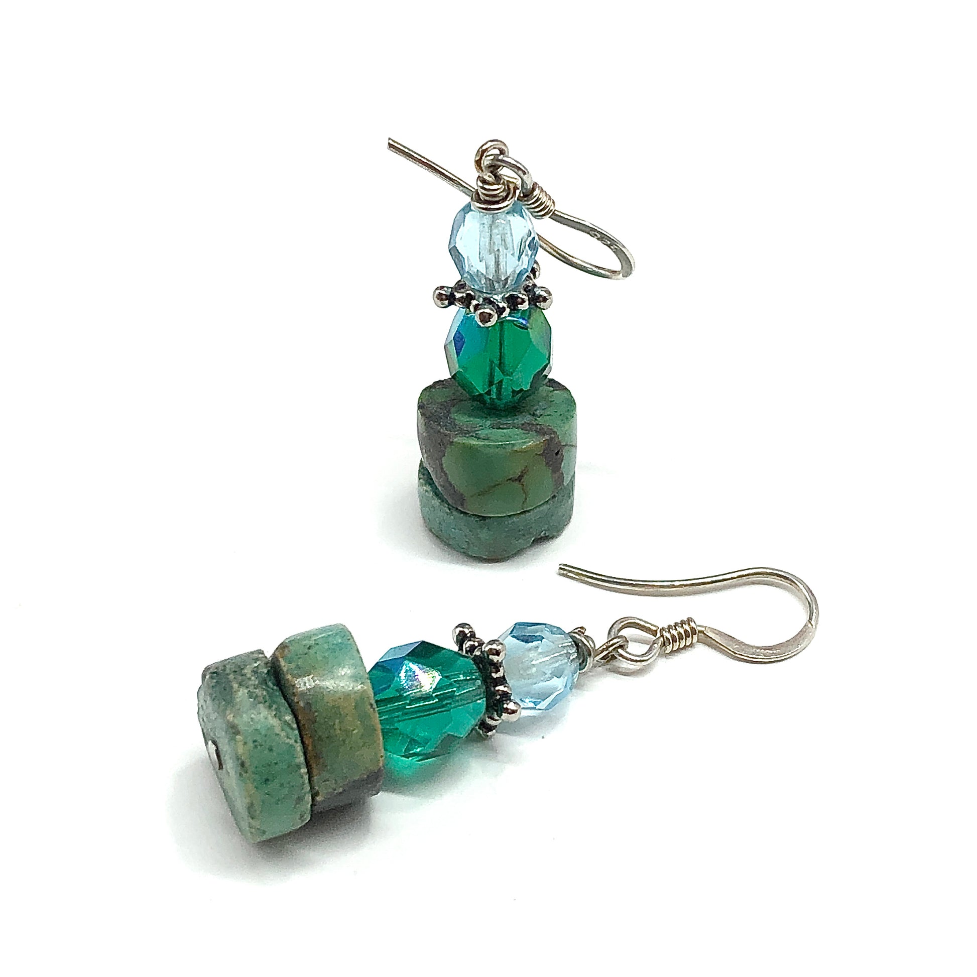 Woman's Stone Earrings Sterling Silver Crystal Bead Turquoise Dangle Earrings