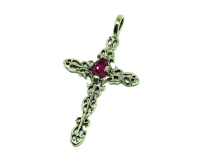 Gold Cross Pendant Sterling Silver Ruby Stone Rustic Filigree Style - Blingschlingers Jewelry