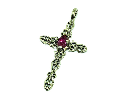Gold Cross Pendant Sterling Silver Ruby Stone Rustic Filigree Style | Estate Jewelry online