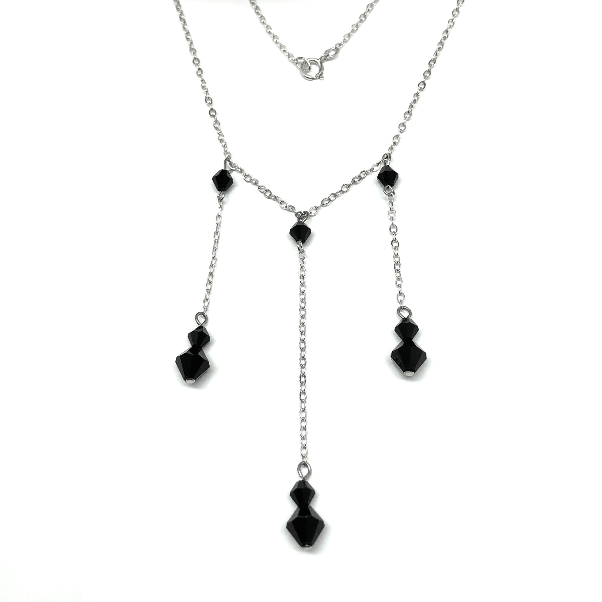 Minimalist Style Sterling Silver Black Bead Station Y Chain Necklace