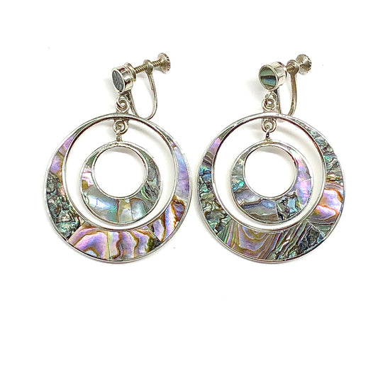 Women's Hoop Earrings - Vintage 80s Rainbow Abalone Shell, Hypoallergenic, Double Hoops Sterling Silver Clip-on Earrings Trendy