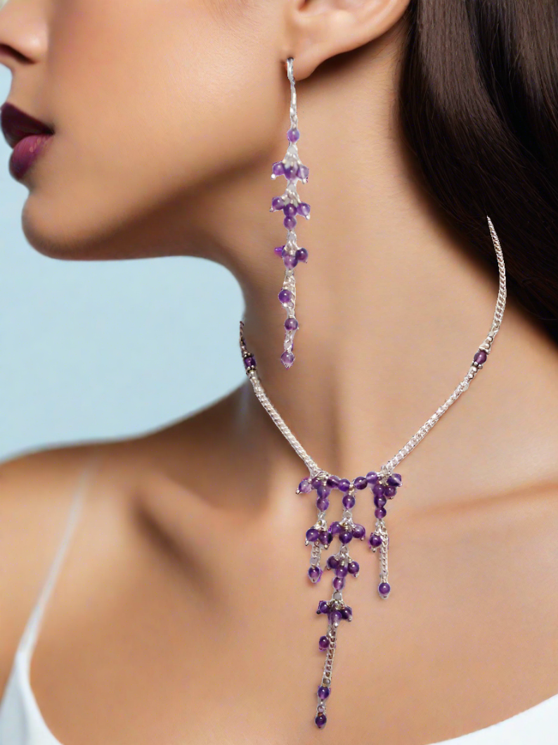 Amethyst Necklace, Sterling Silver Long Beaded Purple Amethyst Stone Earrings & 18 inch Y Tassel Necklace set