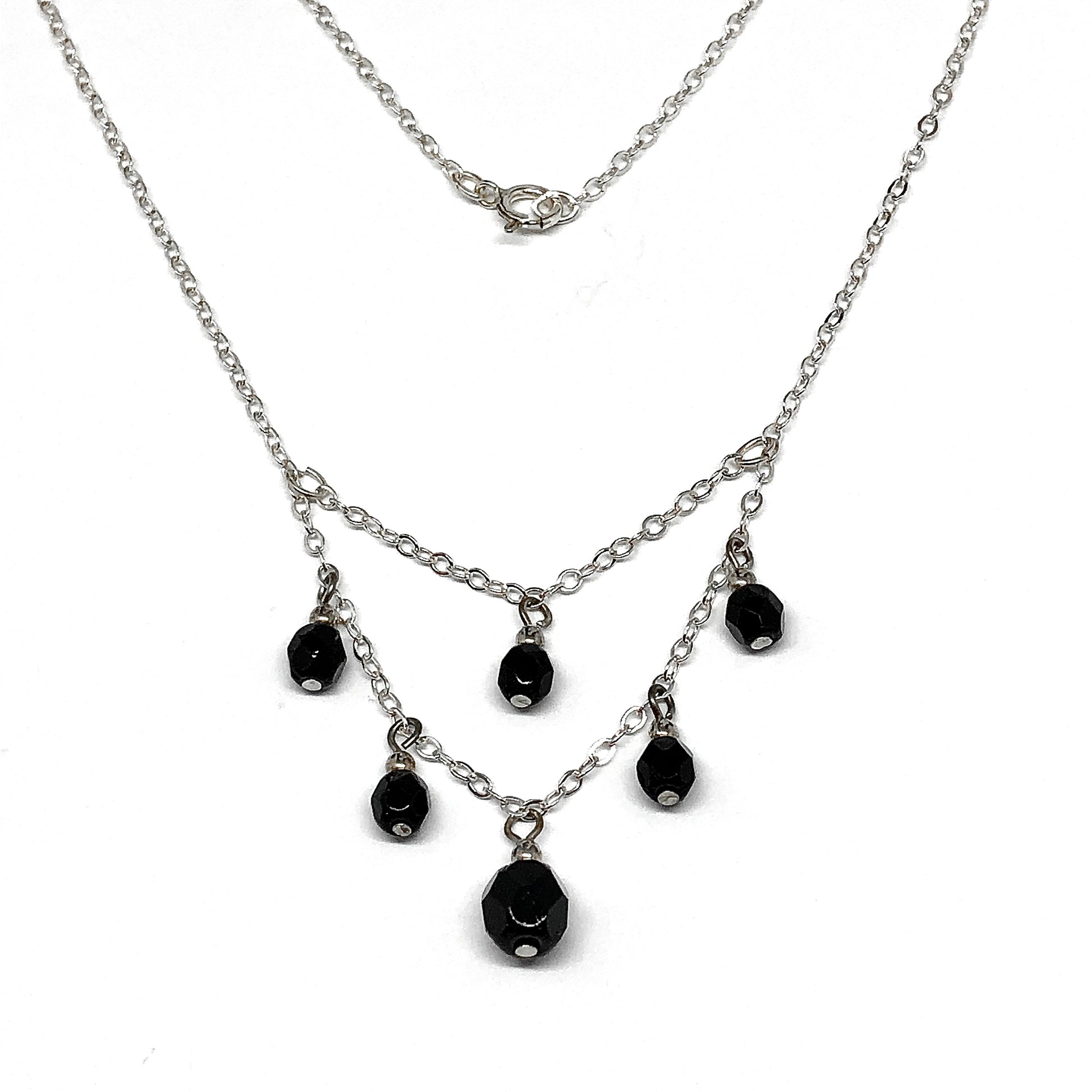 Sterling Silver Choker Necklace, 14.5" Elegant Black Crystal Drop Chain Necklace
