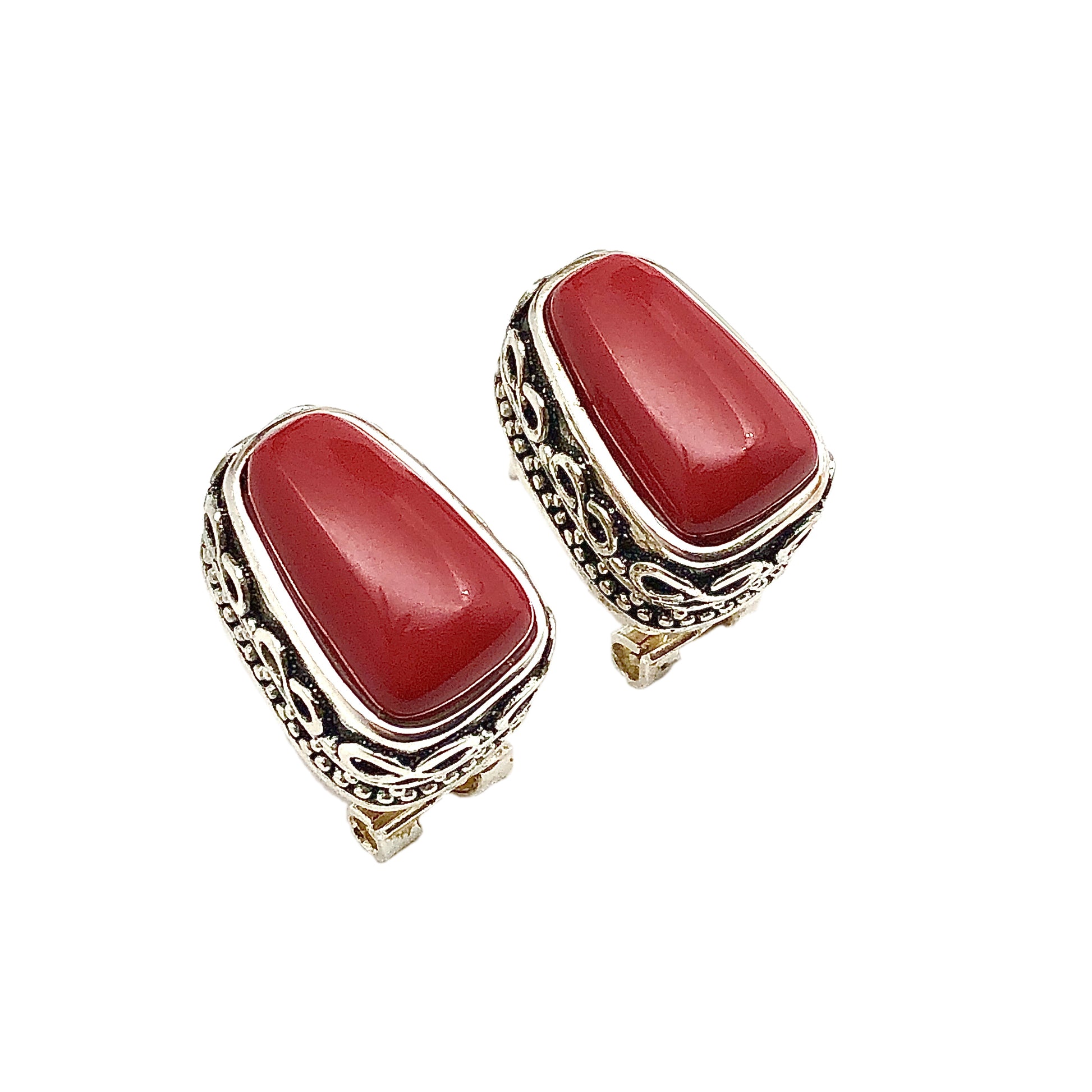 Stylish Bali Design Lipstick Red Stone Silver Drop Earrings - Blingschlingers USA