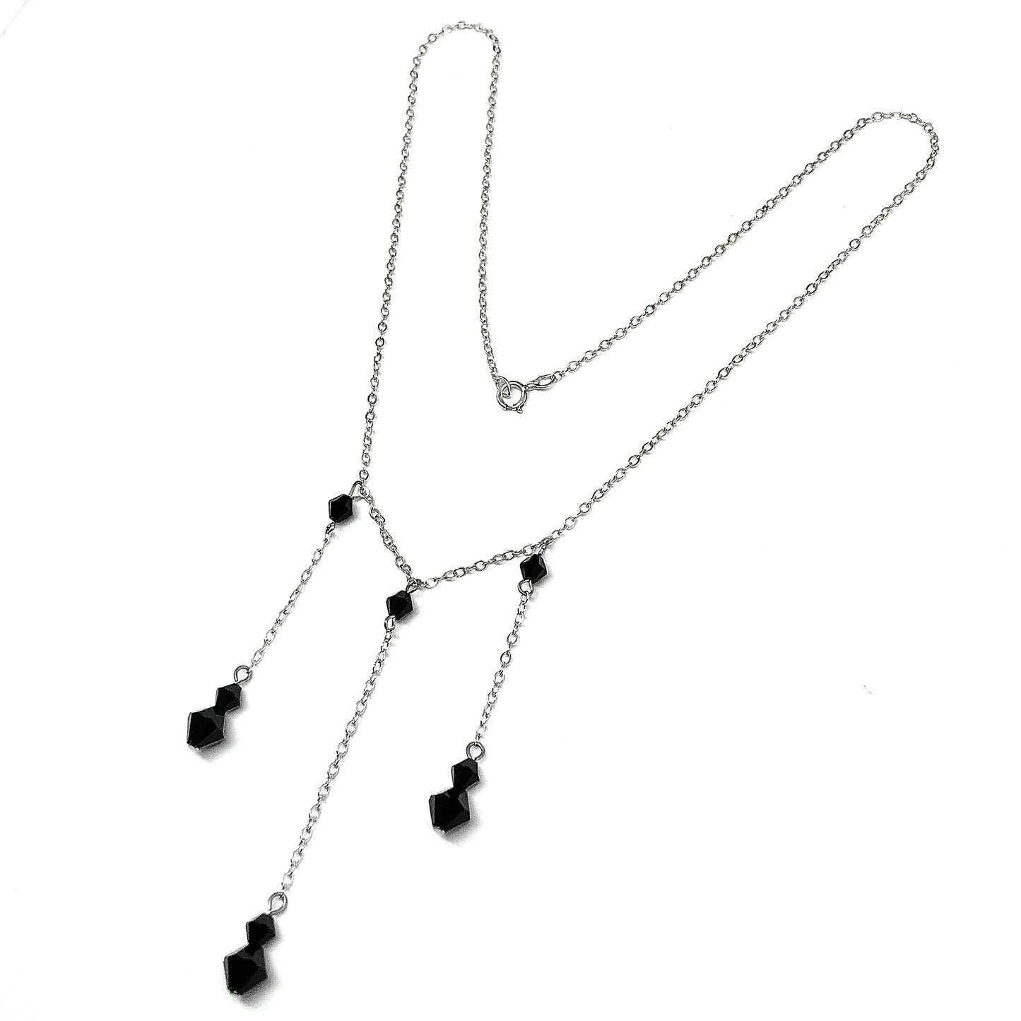 Stylish 16in Sterling Silver Black Bead Station Y Chain Tassel Necklace