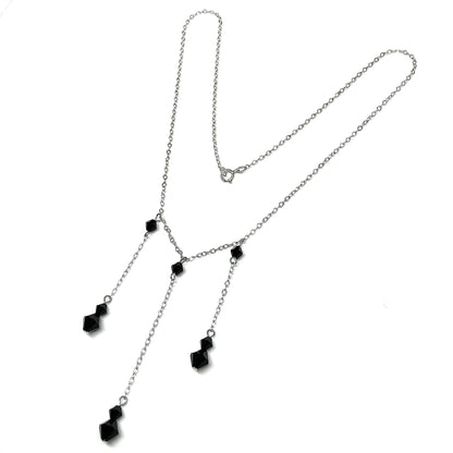 925 Sterling Silver Necklace, 16" Delicate Black Crystal 3 Strand Drop Tassel Y Necklace
