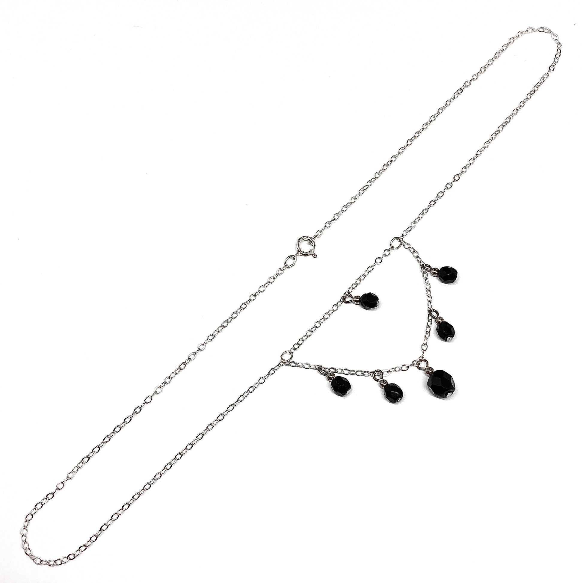 Sterling Silver Choker Necklace, 14.5" Elegant Black Crystal Drop Beaded Negligee Necklace