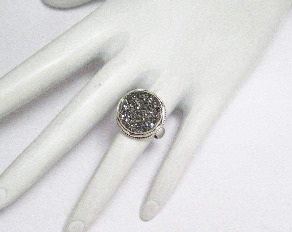 Smokey Metallic Gray Druzy Crystal Stone Sterling Silver Ring sz6.5