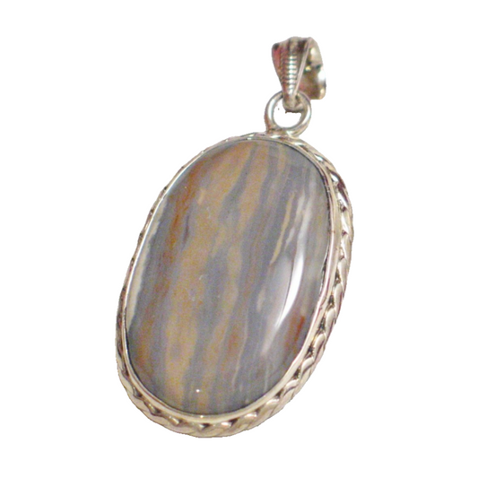 Large Sterling Silver Tree Bark Camo Agate Stone Pendant