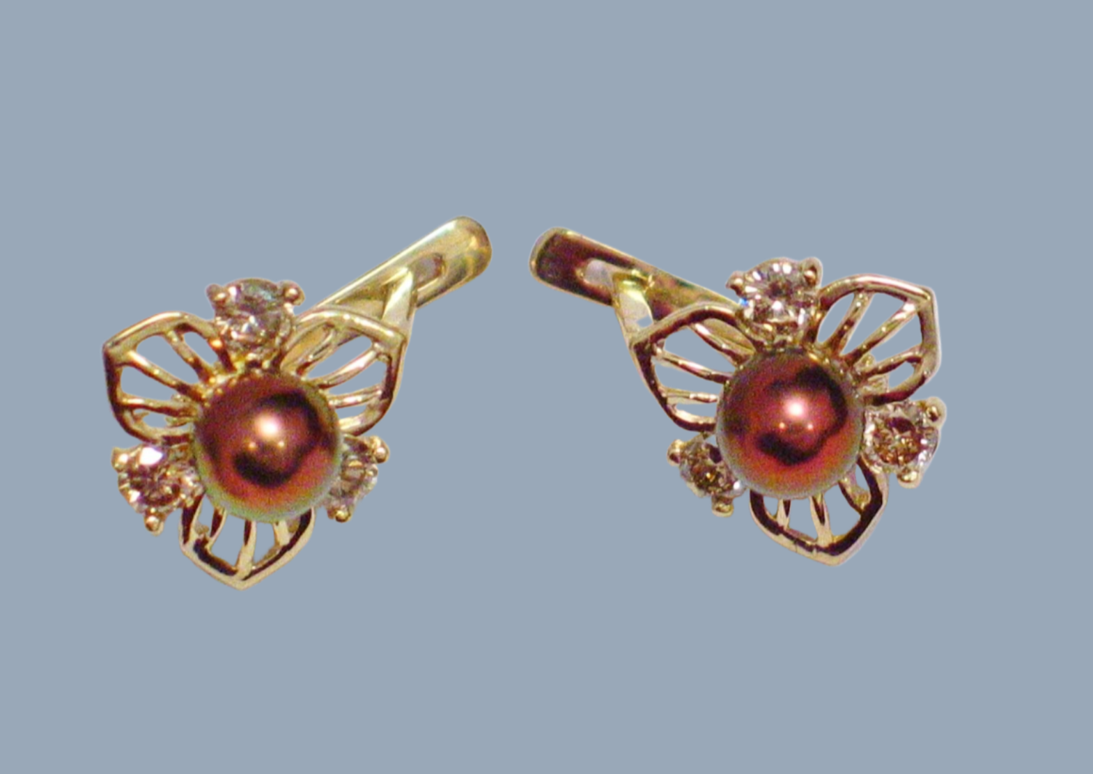 14k Gold Pearl Earrings, Estate Jewelry Flower Design Chocolate Pearl Champagne Diamond Earrings