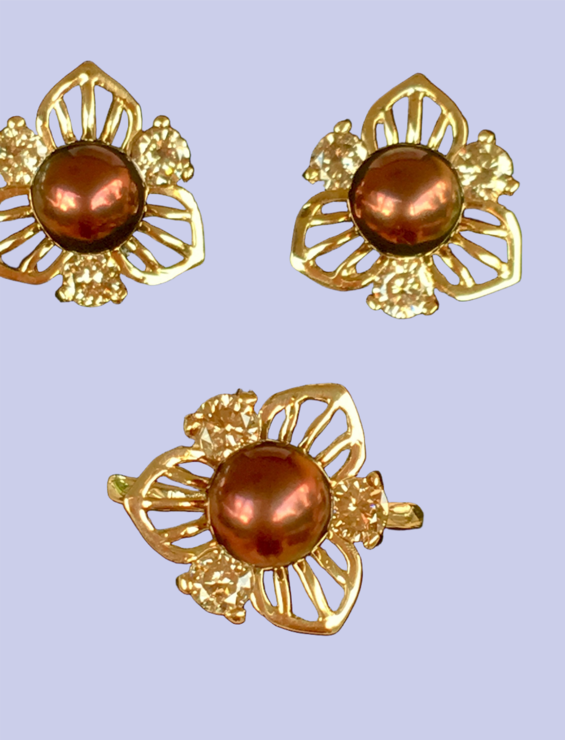 14k Gold Pearl Ring Womans Champagne Diamond Chocolate Pearl Flower Statement Cocktail Ring