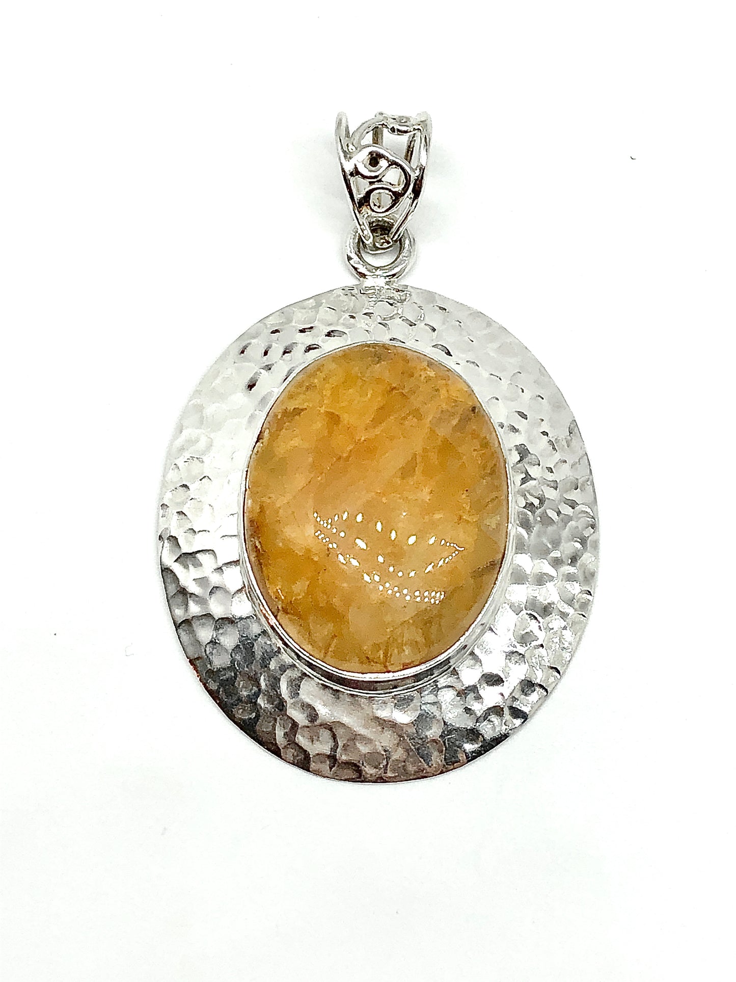 Sterling Silver Pendant, Hammered Design Big Oval Golden Quartz Stone Pendant - Blingschlingers Jewelry