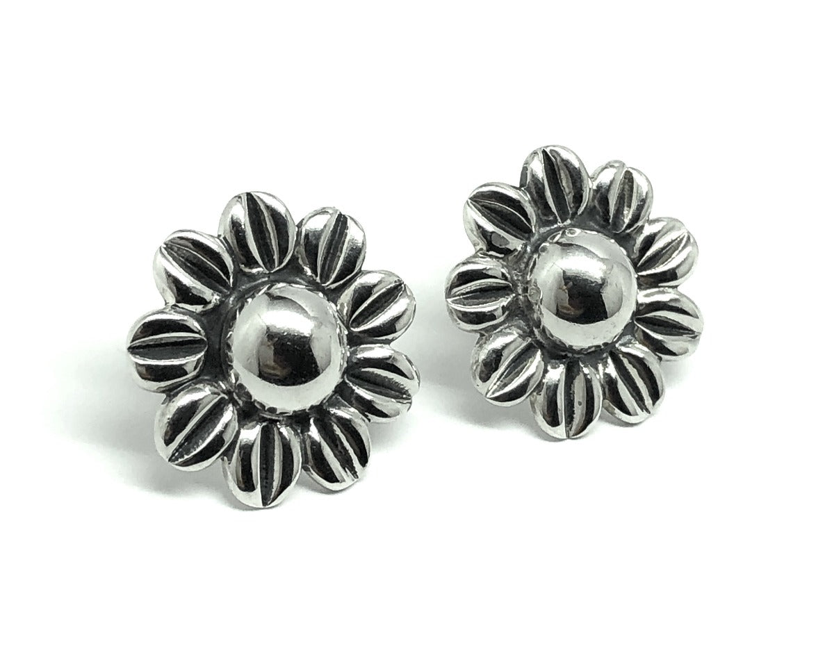 Silver Earrings Womens | Bold Round Doming Flower Design Sterling Silver Big Style Earrings