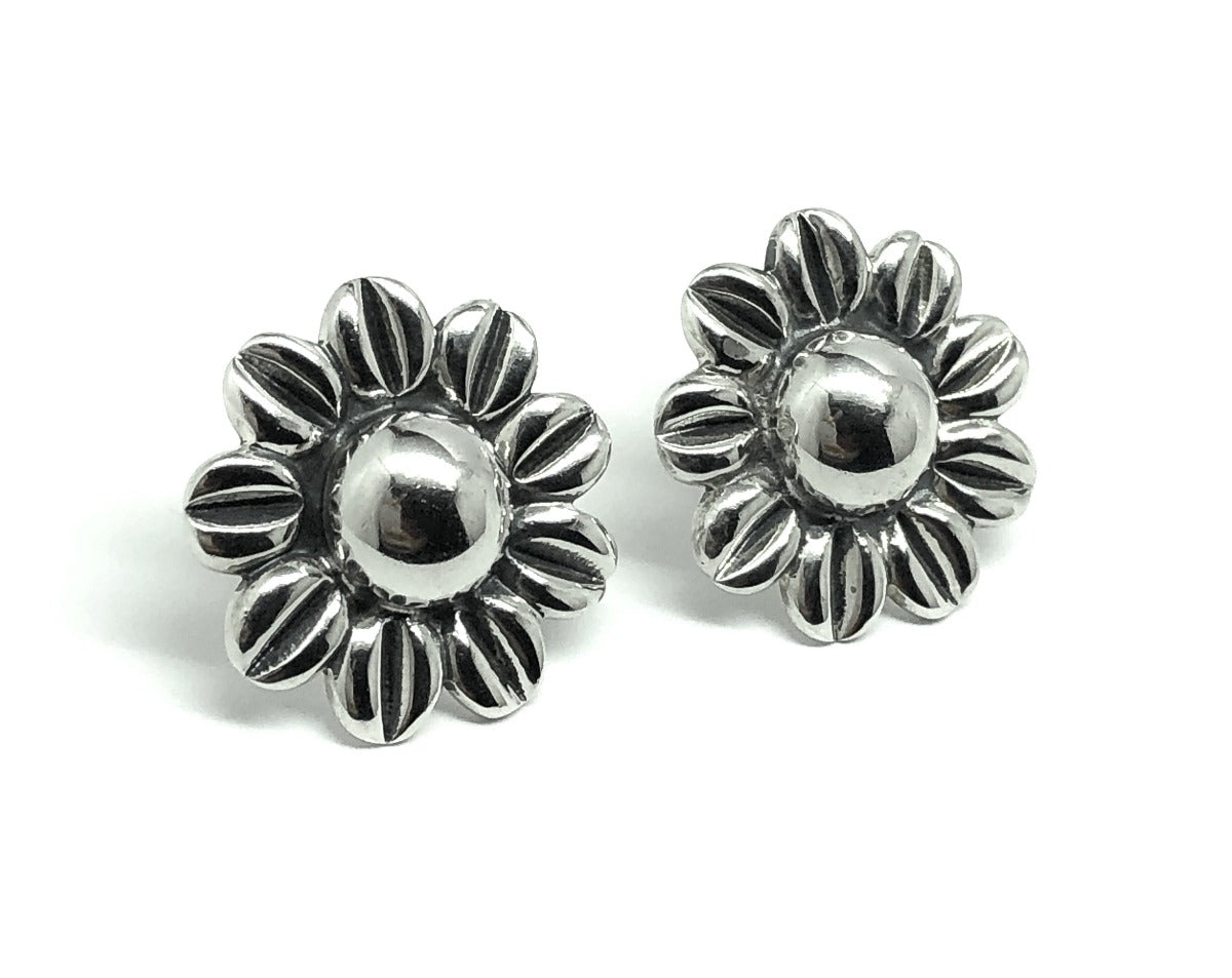 Blingschlingers - Silver Earrings Womens | Bold Round Doming Flower Design Sterling Silver Big Style Earrings