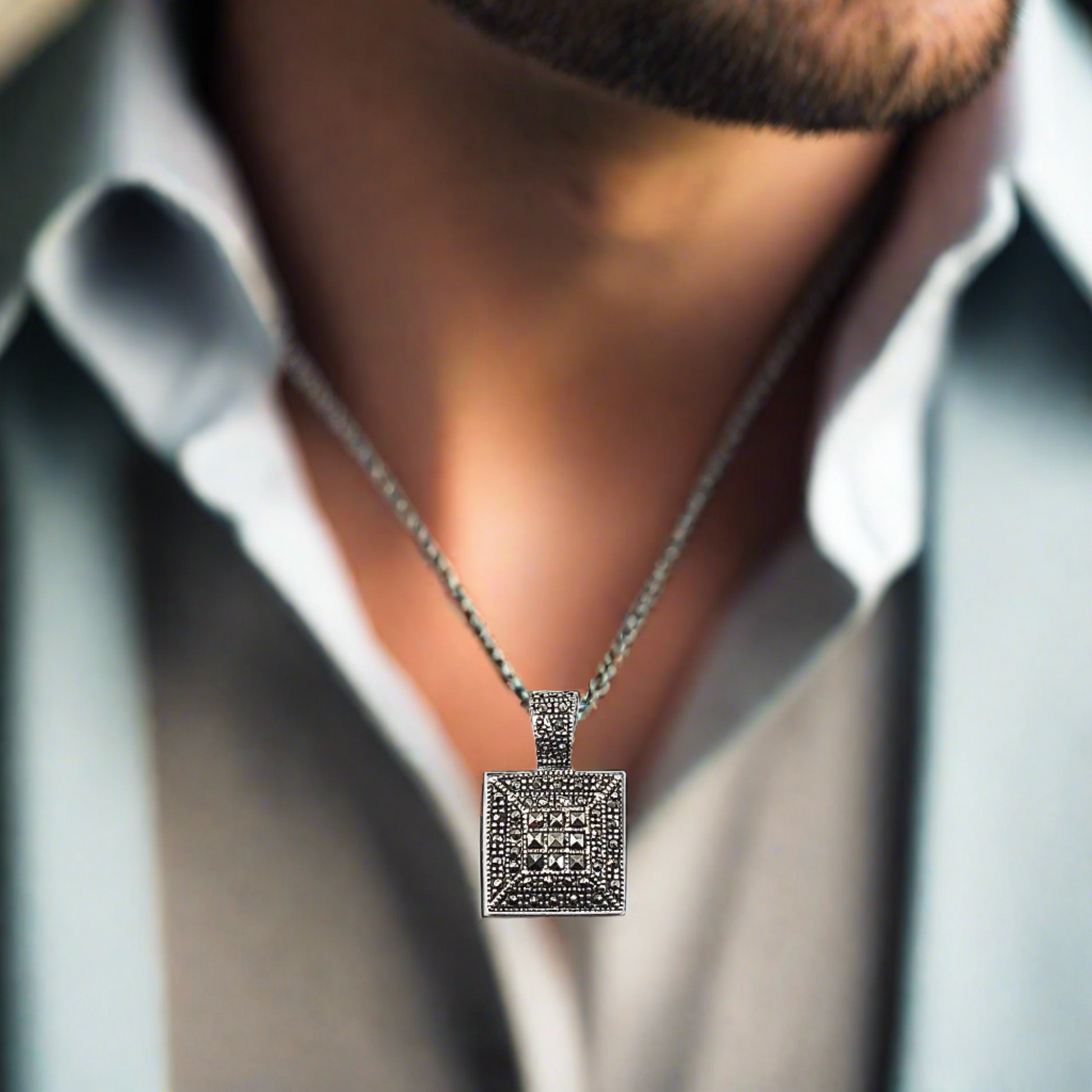 Mens Geometric Style Marcasite Sterling Silver Pendant