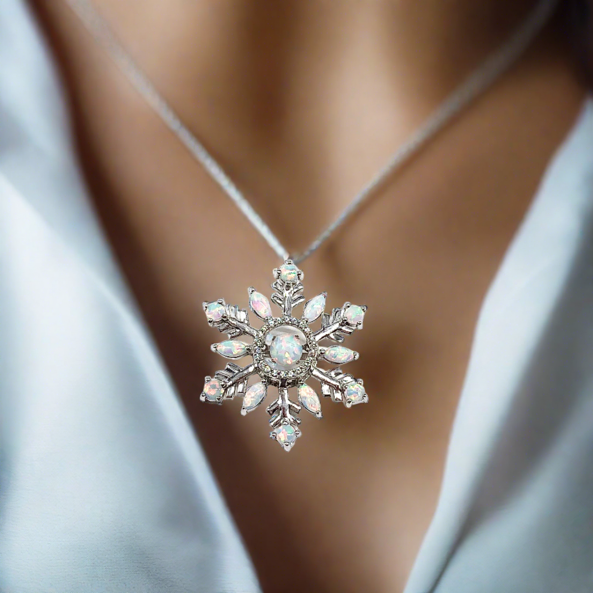 Opal Pendant, Women's Sterling Silver Cz Halo Trembling Center Opal Gemstone Snowflake Star Pendant - Blingschlingers