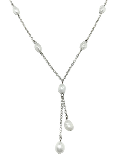 Dainty Y-chain Sterling Silver White Pearl Tassel Necklace 16.25in
