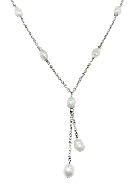 Dainty Y-chain Sterling Silver White Pearl Tassel Necklace 16.25in