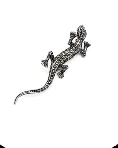 Gecko Brooch Video Mens or Womens Sterling Silver Marcasite and Ruby Gemstone Lizard Brooch