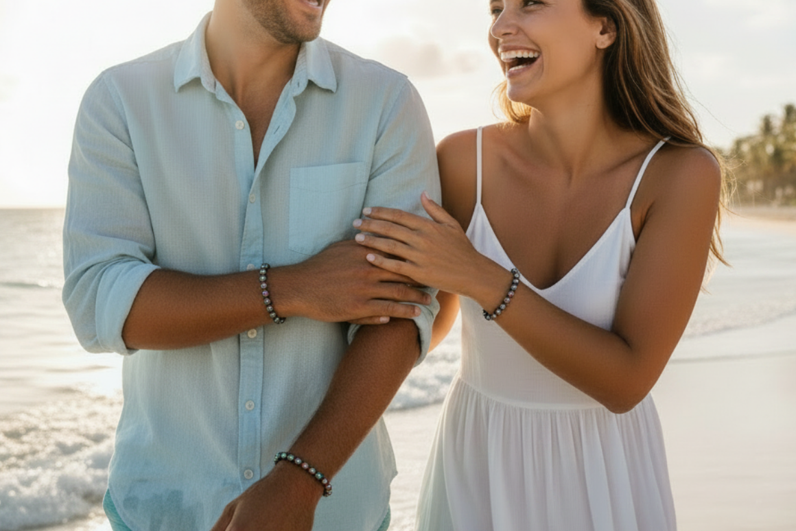 Couple standing on a beach, smiling and embracing each other while wearing rainbow oil slick stainless steel bead bracelets.