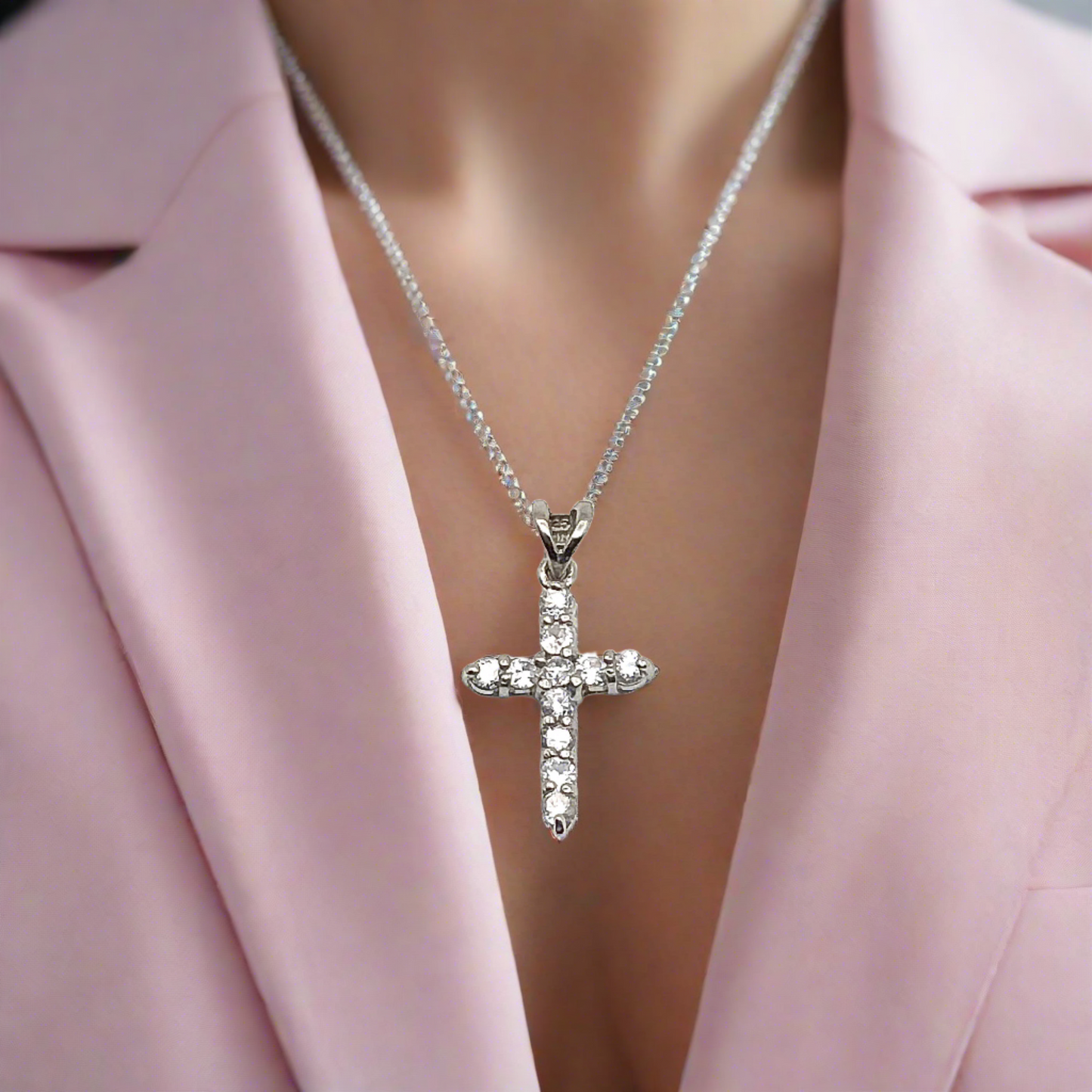 Cross Pendant Silver, Sparkling White Cubic Zirconia Stone Sterling Silver Cross Pendant - Estate Jewelry