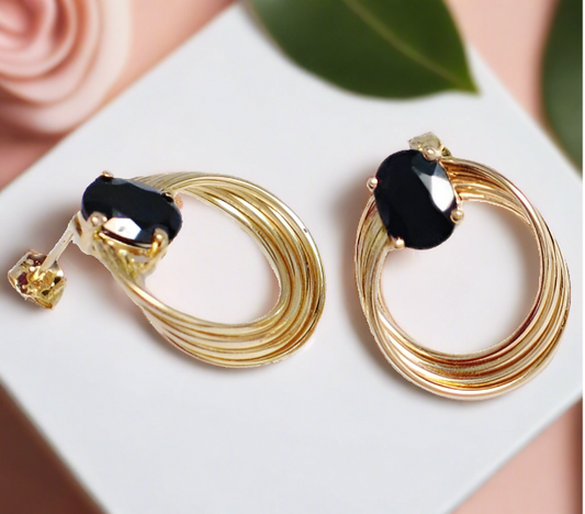 14k Gold Black Spinel Multi Ring Hoop Earrings - Estate Jewelry