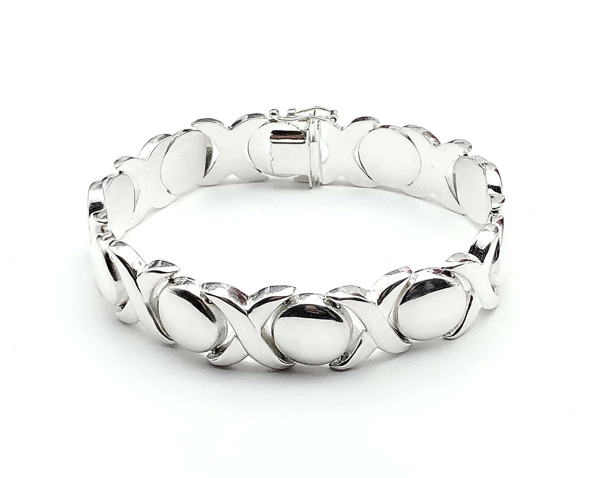 Sterling Silver Bracelet, 7.5" 14mm Wide Stampato Style XO Tennis Bracelet - Estate Jewelry online - Blingschlingers