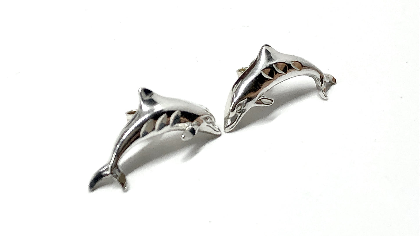 Sterling Silver Earrings, Vintage Classic Jumping Dolphin Curved Stud Earrings for sale online