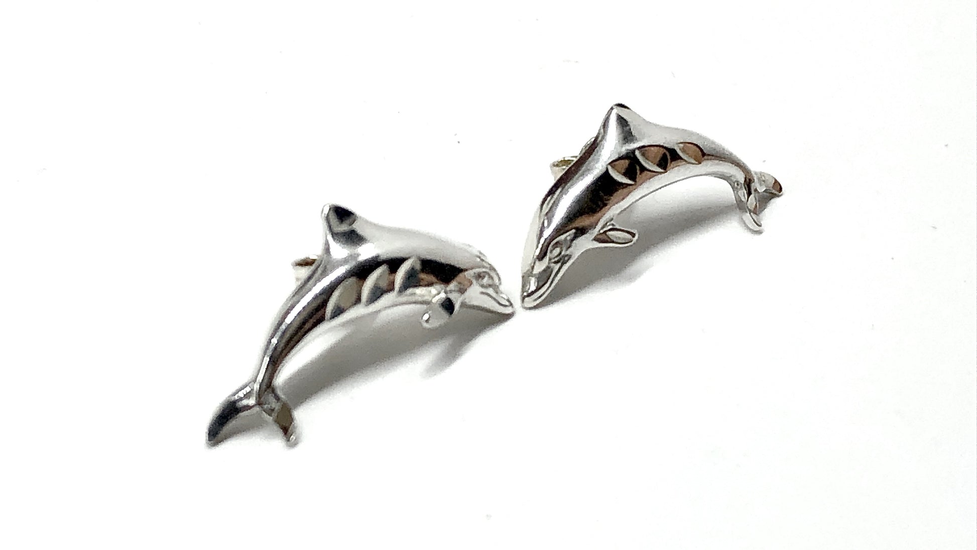 Sterling Silver Earrings, Vintage Classic Jumping Dolphin Curved Stud Earrings for sale online