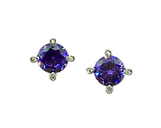 Sterling Silver Earrings Fancy 8mm Round Fiery Purple Stone Studs