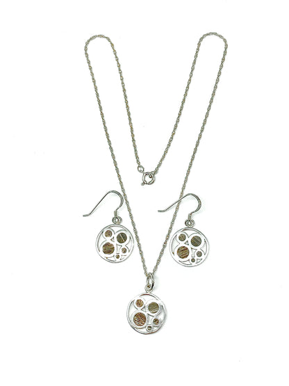 Womens Chic Sterling Silver Bamboo Circle Dangle Earrings 15in Pendant Necklace set 